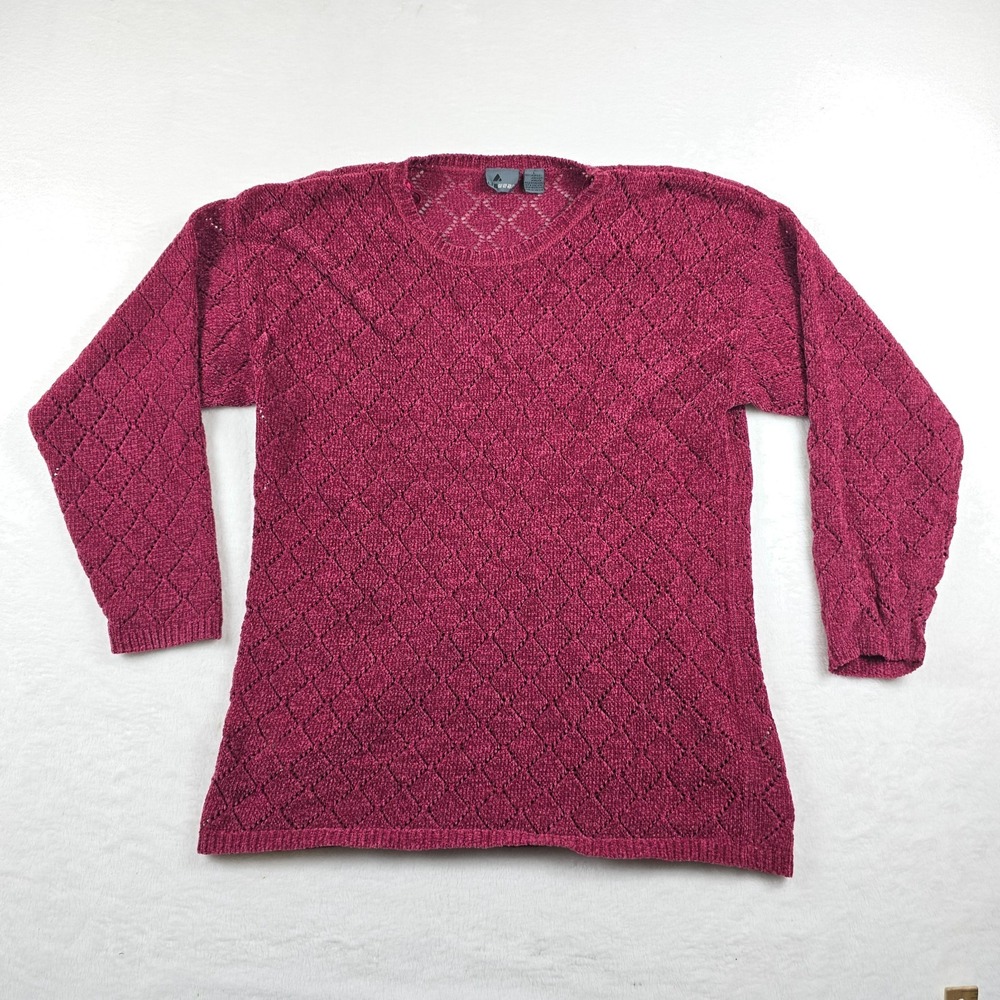 Lizwear Womens Large Burgundy Open Knit Diamond Pointelle Chenille Sweater Retro